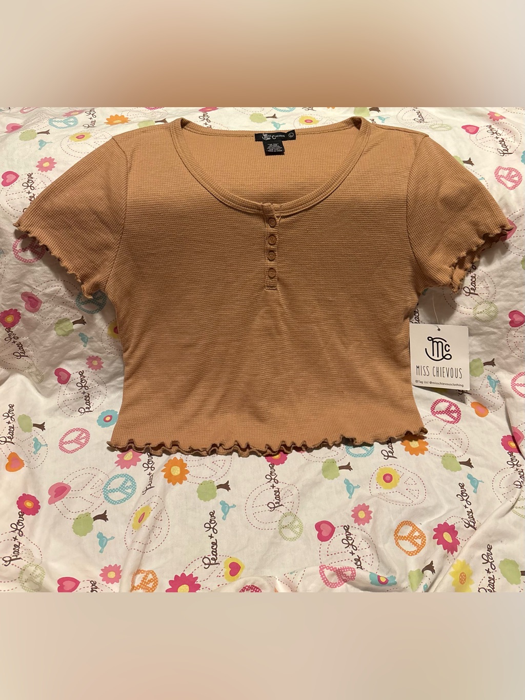 Miss Chievous Mustard Ribbed Short Sleeve Henley Crop Top